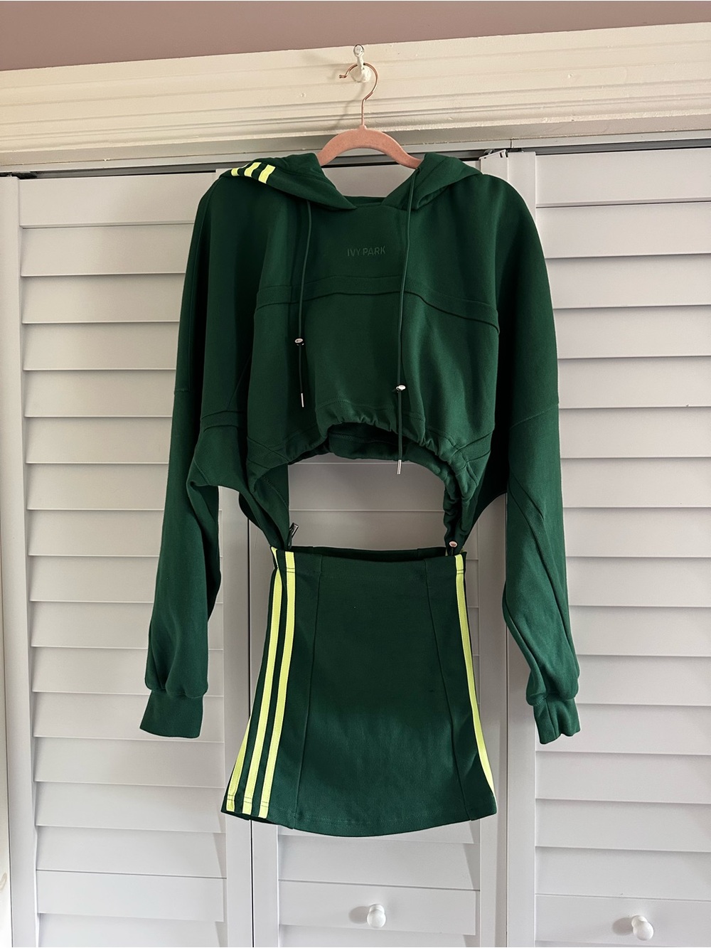 NWT IVY PARK x Adidas deep green mini crop hoodie skirt set neon yellow stripe